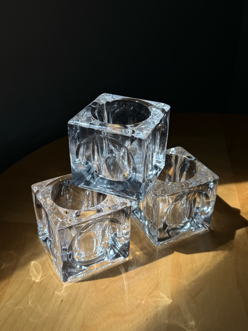 Set of 3 MCM Square Cube Glass Tealight Candle Holders Brutalist Minimalist